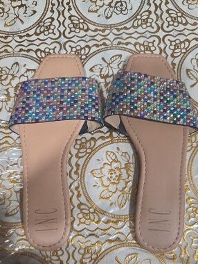 INC International Concepts Multicolor Jeweled Slide Sandals - Pink Footbed